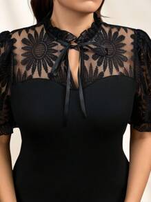 Reflora Spring/Summer Outfits For Women ,Valentine's Day Plus Size Women Elegant Lace Patchwork Tie Neck Short Sleeve T-Shirt Summer Tops Black Top - Black - View 5