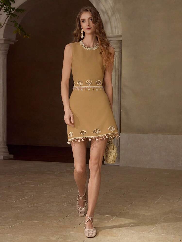 LINEN EMBROIDERY SHELL DETAIL TANK TOP