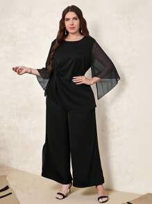 SHEIN Clasi Bộ đồ liền quần ống rộng màu trơn lưới xoắn cỡ lớn, thích hợp mặc hàng ngày, trang phục mùa hè cho phụ nữ, trang phục đi nghỉ cho phụ nữ, váy dự tiệc cưới cho phụ nữ, quần áo mùa hè, trang phục công sở cho phụ nữ, trang phục công sở cho phụ nữ, váy dự tiệc cưới, phong cách tiền bạc xa xỉ cho phụ nữ, trang phục đi chơi, mùa hè châu Âu, bộ 2 món cho phụ nữ, bộ cho phụ nữ, bộ đồ đôi cho phụ nữ, bộ mùa hè - màu đen - Xem 4