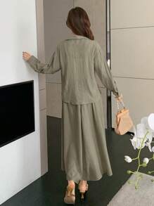 DAZY Set de 2 piezas de blusa de manga larga y falda mini de unicolor casual para mujer, ropa de otoño, ropa de vuelta al colegio