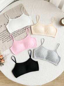 Bộ 5 chiếc áo ngực hai dây màu trơn cho bé gái có đệm, chất liệu cotton đơn giản, thoải mái, đồ lót nhiều lớp - Nhiều màu - Xem 5