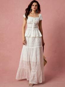 Enchnt Spring/Summer Romantic Women's White Contrast Lace Front Tie Short Sleeve Fashionable Top, Casual & Comfortable For Birthday & Holiday Party & Sweet Date & Daily Commuting & Vacation & Wedding Season Essential,Summer Versatile,Concert Women - White - View 5