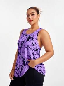 Easithlete Plus Size All-Over Print Asymmetric Hem Round Neck Summer Sports Top - Purple - View 3