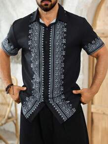 Manfinity RSRT Men's Geometric Print Grandad Collar Casual Short Sleeve Shirt Men Clothes Men Shirts Stylish Shirts For Men Men Hawian Style Shirts - Multicolor - View 4