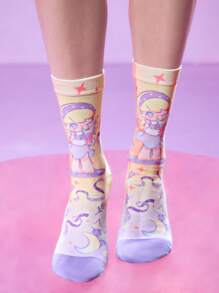 Pop Mart Azura X SHEIN 3 Pairs Cartoon Pattern Fashion Gradient Color Macaron Soft Breathable Sweat-Absorbing Women's Elastic Crew Socks, Printed Patterns Suitable For Spring, Summer, Autumn; Purple & Pink Bear Print Mid-Calf Socks, Rainbow Cloud Breathable Soft All-Season Socks For Women