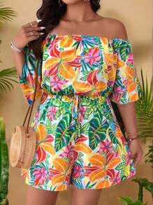 SHEIN Holidaya Mono casual con estampado hombros descubiertos para mujer talla grande