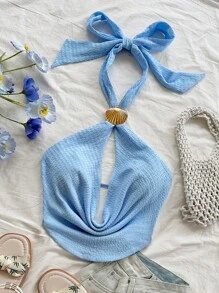 Soleia Top casual sin mangas de mujer para vacaciones, con cuello cruzado drapeado y espalda abierta con mariposa anudada, hecho de tela texturizada de punto, con decoración de concha metálica, para fiestas, citas, sexy, té de la tarde, playa, verano