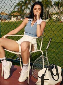 Gameset SHEIN Sport 女式撞色 POLO 领短款网球和高尔夫运动 POLO 衫，春夏 - 藍色 - 查看 9