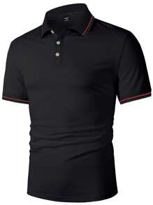 Manfinity Mode 男士休闲撞色条纹领扣门襟 Polo 衫 男士 Polo 衫 男士黑色 Polo 衫 - 黑色 - 查看 4