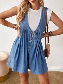 EMERY ROSE Women's Summer Front Tie Pleated Denim Romper - Blue - View 3