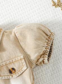 SHEIN Vintaside Kids Baby Girl Ruffle Sleeve Single-Breasted Ripped Casual Denim Jumpsuit - Apricot - View 4