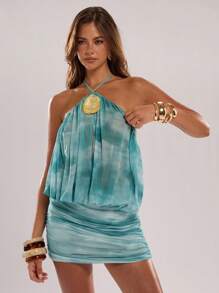 SHEIN BAE 女式扎染褶皱领口无袖连衣裙 - 藍色 - 查看 4