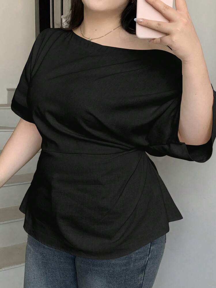Dazy Plus Plus Size Women Off Shoulder Solid Color Cinched Waist Pullover Shirt