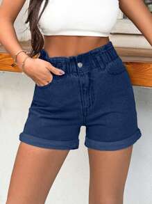 EURMUSE 100%Cotton Rigid, Elastic Band Detailed Shorts ,Petite Women - Medium Wash - View 4
