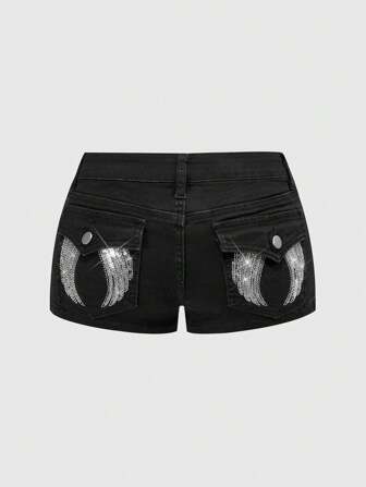 Grunge Punk شورت جينز ميني فائق قصير للسيدات بالحجم الكبير بديكور جيوب مطرز بالخرز والأجنحة بطراز فينتاج Y2K