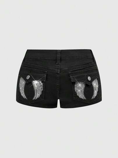 Grunge Punk Short en jean super mini avec broderie de perles de style vintage diva pockets & wings, grande taille