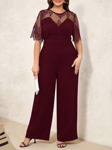SHEIN Clasi Plus Size Elegant Lace Patchwork Jumpsuit - Burgundy - View 4