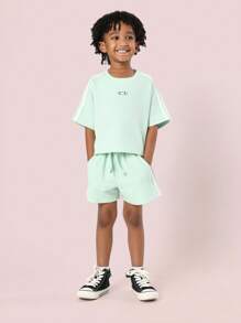 SUMWON Waffle Knit Two Piece Summer Leisure Co-Ord Set Boys Track Tape Side Sport Wear Unisex Kids Casual Outfit - Green - View 1