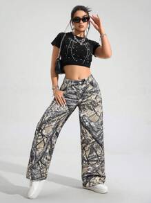 SHEIN EZwear Women Street Casual Tree Print Loose Fit Jeans
