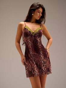 SHEIN Forever 21 Đầm mini in họa tiết lưới thun co giãn họa tiết hổ cổ chữ V, hàng mới về mùa xuân - màu nâu - Xem 5