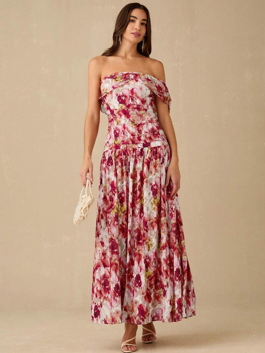 Enchnt 女式花卉印花单肩荷叶边休闲度假连衣裙 - 粉色 - 查看 1