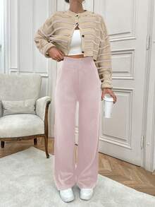 SHEIN Cottnline 女士条纹图案前扣开衫和毛衣裤套装 - 藕粉色 - 查看 7