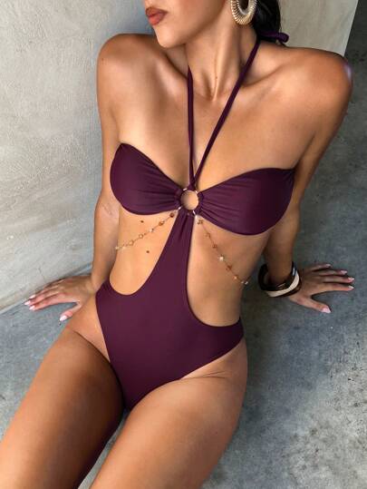 Aloruh Bañador de mujer de moda nuevo para verano, de una pieza, unicolor burdeos y ciruela, diseño vintage elegante y sexy de espalda descubierta con cadena para la cintura, traje de baño para fiesta