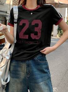 DAZY maglietta casual a maniche corte da donna con logo a contrasto, stile sportivo e casual da strada adatta per adolescenti