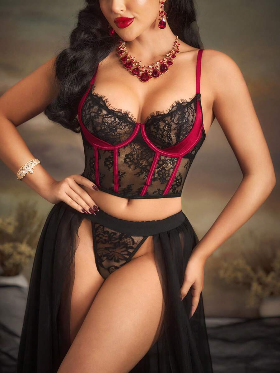 SHEIN Women's Lace Splice Underwire Sexy Bra - Black - View 1