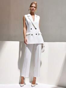 CLARA VERO Conjunto de traje elegante de dos piezas para mujer, chaqueta sin mangas de solapa doble botonadura con parches de unicolor y pantalones, ropa de verano profesional para mujer, conjunto de verano para mujer en color blanco - Blanco - Ver 1