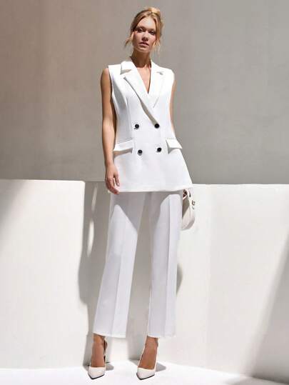 CLARA VERO Jaqueta e calça sem mangas com lapela e patchwork de cor sólida feminina, elegante, para deslocamento diário