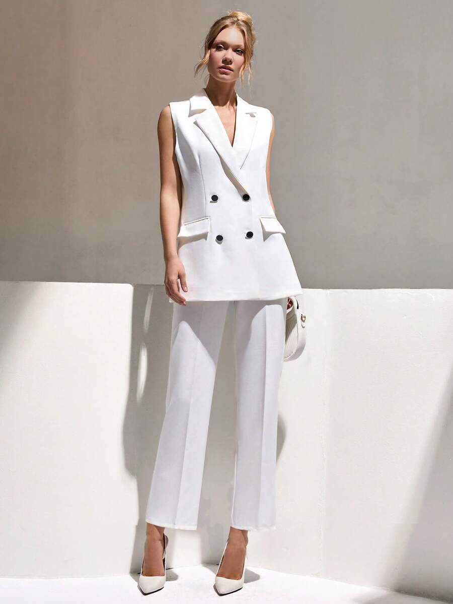 CLARA VERO Conjunto de traje elegante de dos piezas para mujer, chaqueta sin mangas de solapa doble botonadura con parches de unicolor y pantalones, ropa de verano profesional para mujer, conjunto de verano para mujer en color blanco - Blanco - Ver 1