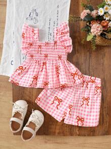 SHEIN 2pcs/Set Baby Girl Summer&Autumn Cure Casual Style Set ,Bowknot-Shape Printing Sleeveless Top&Shorts - Pink - View 2