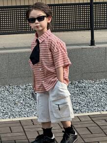 DAZY 男童休闲条纹口袋短袖条纹衬衫，日常穿着 - 粉色 - 查看 2