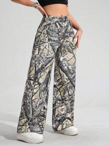 SHEIN EZwear Women Street Casual Tree Print Loose Fit Jeans