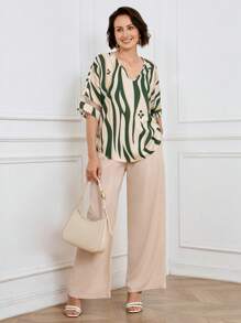 Miaspire 2pcs/Set Women Spring/Summer Casual Zebra Print V-Neck Blouse And Loose Wide-Leg Pants,Business Women Attire,Country Style Women's ClothingFall Women Clothes Going Out Outfits Mothers Day Outfit Gift For Mom