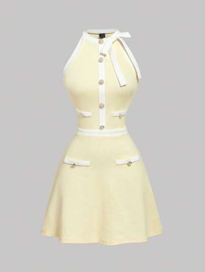 SHEIN MOD Robe sans manches avec patchwork jaune, contraste de couleurs, nœud décoratif et boutons ornés