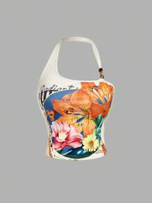 SHEIN MOD Plus Size Women Retro Floral Print Fitted Asymmetrical Open Shoulder Top, Faux Pearl Decor, Romantic Gothic Aesthetic, Hawaiian Style Vacation Wear, Y2K Vintage, Hippie, Western, Summer,Bohemian Halter Neck Top - Apricot - View 1