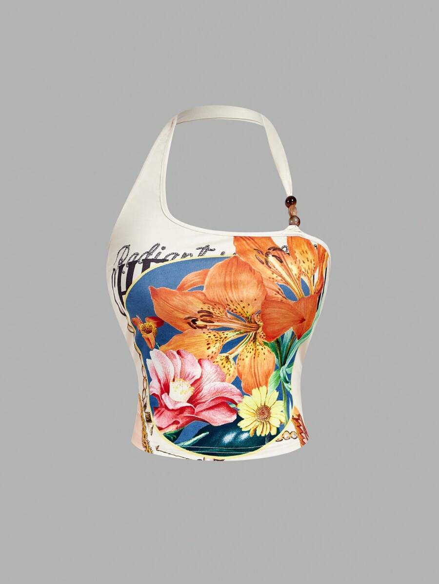 SHEIN MOD Plus Size Women Retro Floral Print Fitted Asymmetrical Open Shoulder Top, Faux Pearl Decor, Romantic Gothic Aesthetic, Hawaiian Style Vacation Wear, Y2K Vintage, Hippie, Western, Summer,Bohemian Halter Neck Top - Apricot - View 1