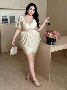 Flirla Plus Size Women's V-Neck Spaghetti Strap Pleated Lace Patchwork Glossy Rhinestone Embellished Elegant Vintage Party Maxi Dress, Spring/Summer - Apricot - View 7