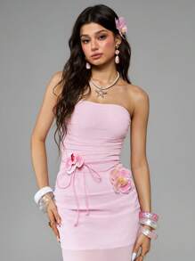ROMWE Avant Y2K Floral Print Bodysuit For Women - Baby Pink - View 8