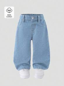 SHEIN Playful Pals 女婴新款休闲时尚牛仔短裤，直筒洗水牛仔裤 - 淺色水洗藍 - 查看 1