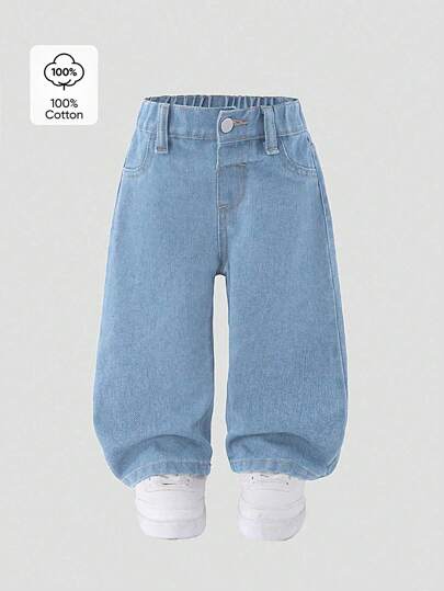 SHEIN Playful Pals سراويل جينز مستقيمة الساق مغسولة، قصيرة للأطفال البنات، موضة كاجوال جديدة