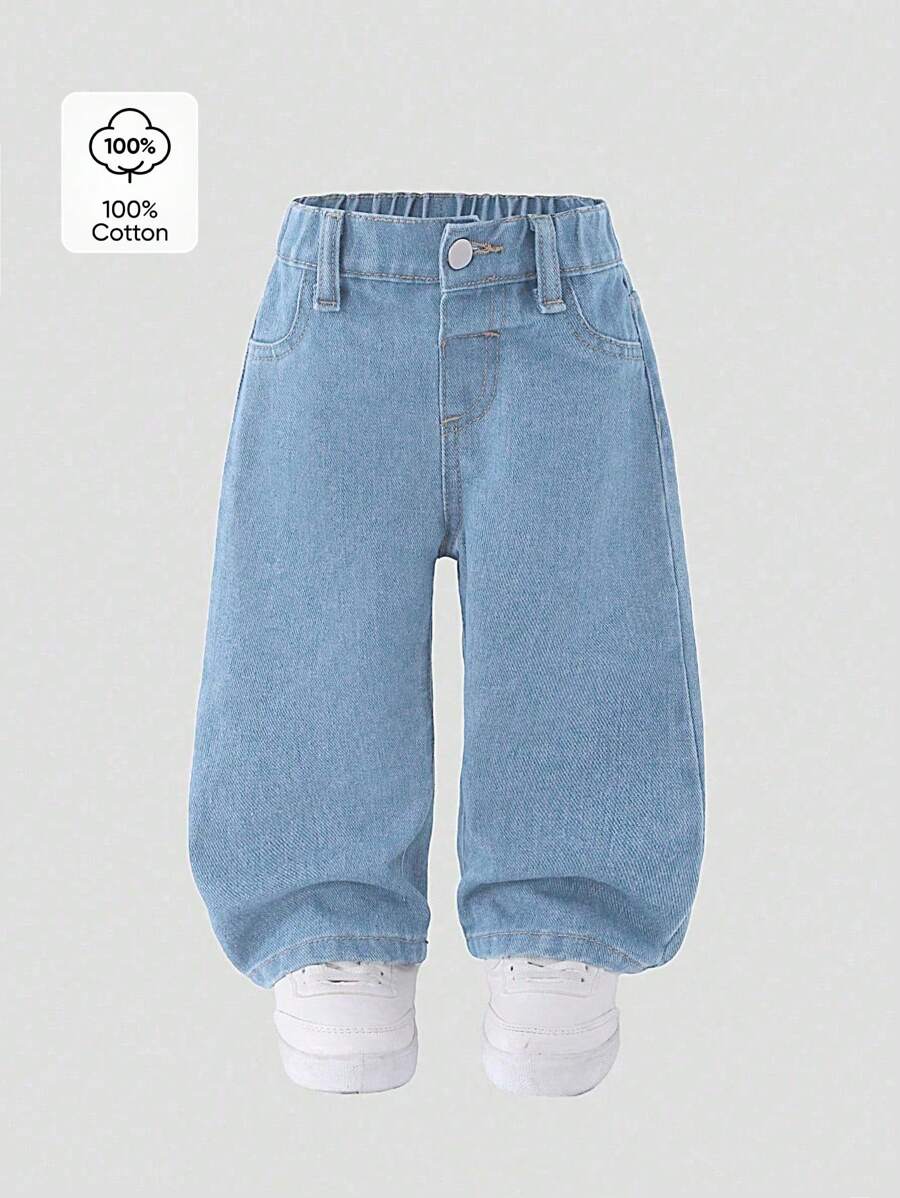 SHEIN Playful Pals 女婴新款休闲时尚牛仔短裤，直筒洗水牛仔裤 - 淺色水洗藍 - 查看 1
