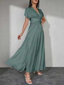 EURMUSE Women's Solid Color Simple Asymmetrical Shoulder Dress - Mint Green - View 5