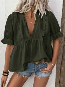 Breezaya 女士 3D 激光切割 V 领泡泡袖衬衫 - 綠色 - 查看 1