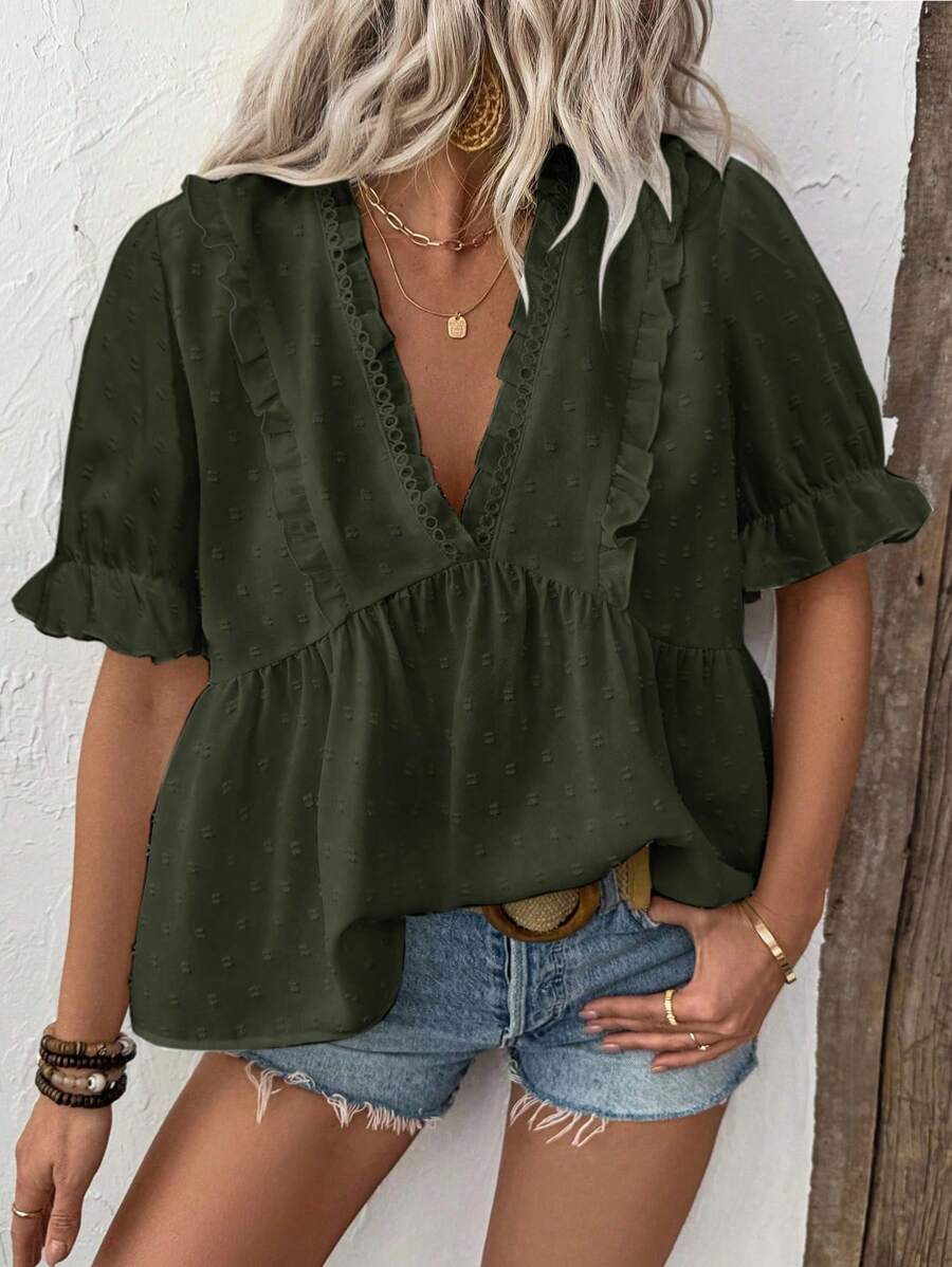 Breezaya 女士 3D 激光切割 V 领泡泡袖衬衫 - 綠色 - 查看 1