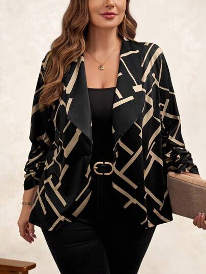 Chikora Geometric Printed Plus Size Women's Elegant Suit Jacket With Shawl Collar And Long Sleeves, Autumn/Winter Business Casual Woman Graduation,Back To School,Teacher Outfits For Women Fall