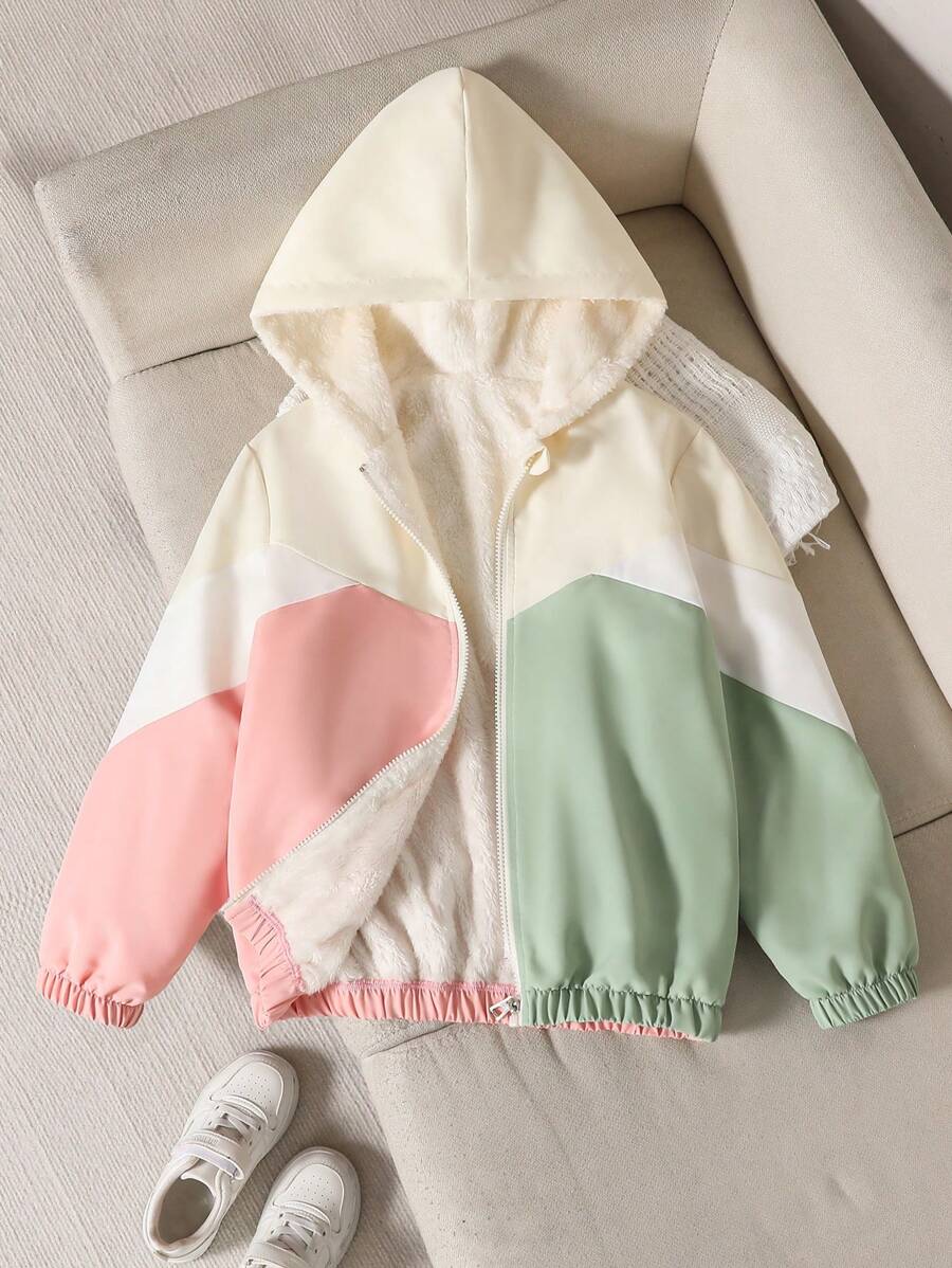 Tween 女童休闲拼布拉链连帽羊毛夹克，秋冬 - 彩色 - 查看 1