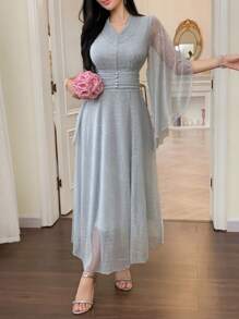 DAZY 女士优雅V领金箔褶腰连衣裙奢华舞会礼服 - 白色 - 查看 6